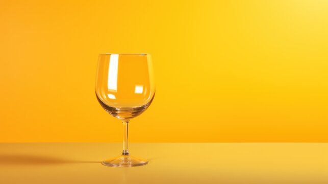  a glass of wine sitting on top of a table next to a yellow wall with a shadow of a wine glass on the table and a yellow wall behind it.