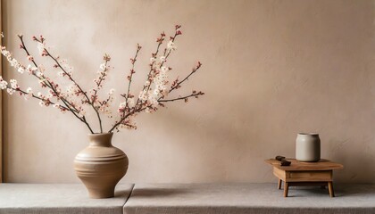blossom branch in clay vase near beige stucco wall background interior design of modern living room with space for text
