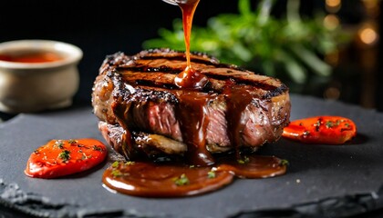 grilled steak with melted barbeque sauce on a black and blurry background