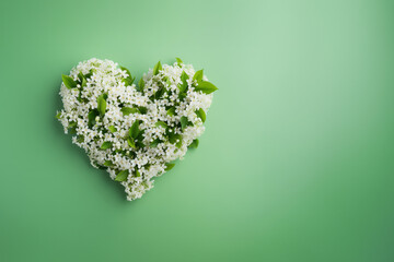 Valentine's day heart shaped natural tree branches with green fresh foliage and flowers banner postcard with empty space on green background. Generative AI