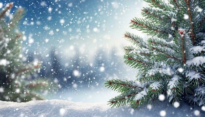 winter background falling snow on pine tree branches copy space christmas holiday background