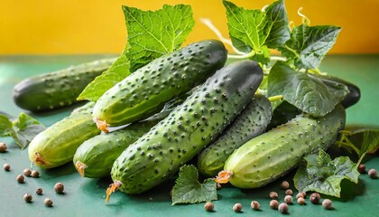 fresh cucumbers on yellow background - Powered by Adobe