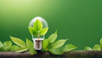 ecology save energy and sustainability concept environment banner with light bulb with green leaves on green background sustainable energy development banner size copy space