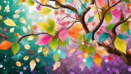 colorful tree with leaves on hanging branches illustration background 3d abstraction wallpaper floral tree with multicolor leaves