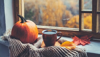 cup of hot autumn coffee or tea on the window living in hygge style hot drink in cold autumn fall weather halloween
