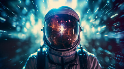 Surreal space traveler portrait, stars and galaxies reflected in the astronaut's visor, ethereal glow - obrazy, fototapety, plakaty
