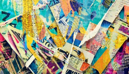 abstract backdrop with collage of newspaper or magazine clippings colorful grunge background with...