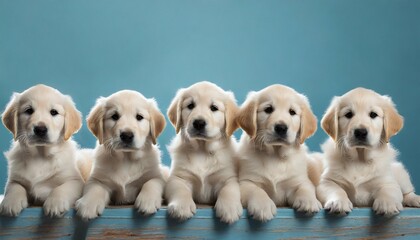 group of golden retriever puppies in a row over blue background