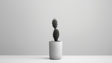  a black and white photo of a cactus in a white vase on a white table with a gray wall behind it and a white wall behind the cactus is in the foreground.