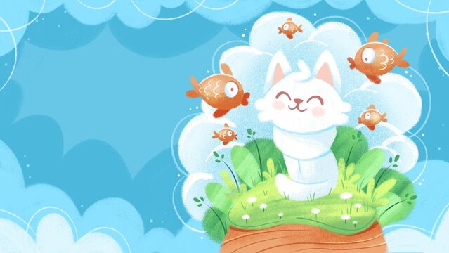 Illustration of a cute cat dreaming of fish in kawaii cartoon style.
