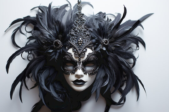 Carnival mask with feather isolated on white background.