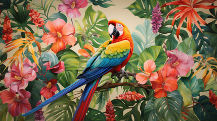 Fototapeta premium a painting of a colorful parrot perched on a branch of a tree with pink and yellow flowers and green leaves on a cream colored background with pink and red flowers.