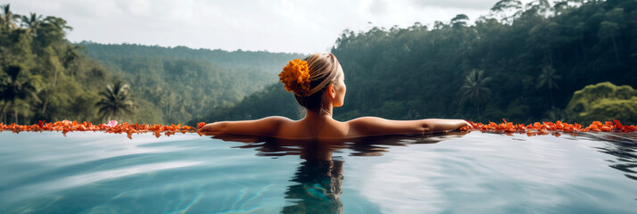 Woman with flowers in hair relaxing in Infinity pool with a view to the jungle.	
 - Powered by Adobe
