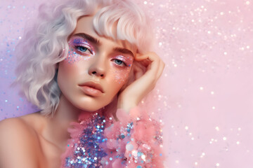 Fashion editorial Concept. Stunning beautiful woman high fashion striking pastel colourful glitter shimmer sparkle. illuminated with dynamic composition and dramatic lighting. copy text space