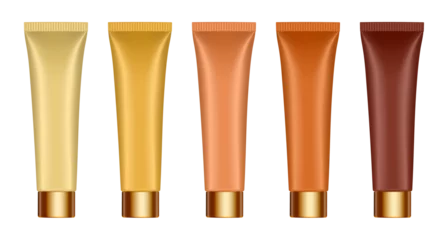 Fotobehang Set of yellow, beige, gold, bronze and brown tubes with gold caps. Cosmetic tube mockup. 3d illustration. Serum or cream. © Irina Shats