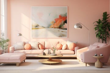 Modern fashionable interior in soft peach color, peach sofa near the window