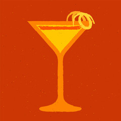Margarita cocktail glass. Cold alcohol drink with orange fruit and zest. Tropical liquid with citrus fruit. Orange cocktail in glass. Vector flat illustration with texture. Beverage for bar