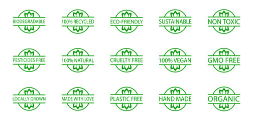 Set of biodegradable, sustainable, eco-friendly stamps. Locally grown food, cruelty free product. Hand made, gmo free icons. Pesticides free - obrazy, fototapety, plakaty
