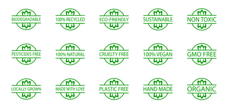 Set of biodegradable, sustainable, eco-friendly stamps. Locally grown food, cruelty free product. Hand made, gmo free icons. Pesticides free