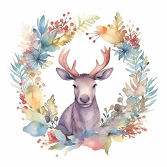 Beautifully watercolor painting of a baby moose surrounded by a wreath of colorful flowers and leaves on white background, nursery room concept
