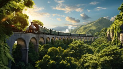  a train traveling over a bridge in the middle of a lush green forest under a blue sky with clouds and sun shining on the top of the mountain and below. - obrazy, fototapety, plakaty