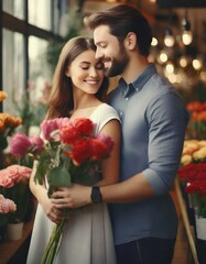 Fototapeta na wymiar Couple embracing in Flower Shop - Gifting Flowers