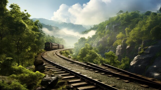  a train traveling down train tracks next to a lush green forest filled with lots of trees on a cloudy day with a train coming down the track in the middle of the middle of the picture.