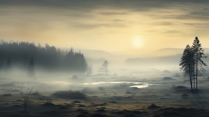  a foggy landscape with trees in the foreground and a small pond in the middle of the foreground, with the sun shining through the clouds in the distance.