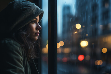 Pensive Woman in Hoodie Looking Out Rainy Window