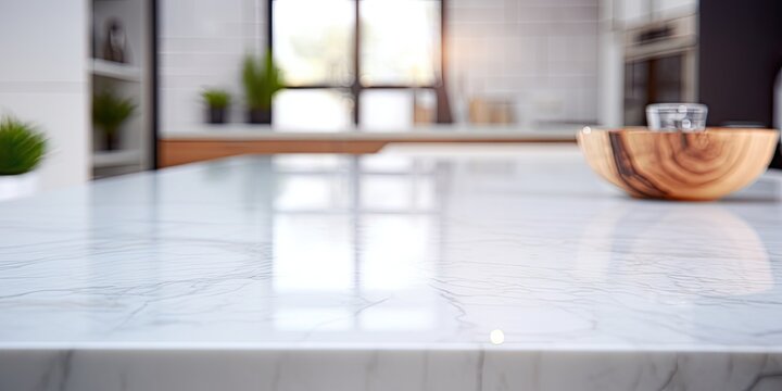 Blurred kitchen background with marble tabletop (kitchen island) - ideal for display or product montage.