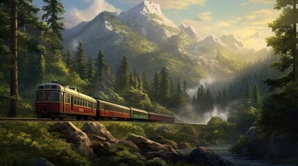  a painting of a train on a train track in a mountainous area with trees, rocks, and mountains in the background and a river running through the foreground. - obrazy, fototapety, plakaty