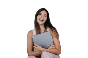 Excited Attractive asian woman screaming smiling happy, received gift, new laptop sitting against transparent background. Gorgeous Korean businesswoman hugs laptop against blurry living room.