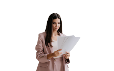 Brunette Asian businesswoman in suit holds sheet of papers looks at documents stands against transparent background. Successful lawyer explores issue at office. Financial bill.