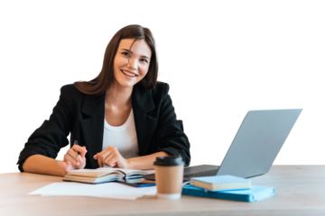 young woman with a friendly expression against transparent background, working diligently. . Dressed in a black blazer over a white top, embodies a business-casual look In front of open laptop