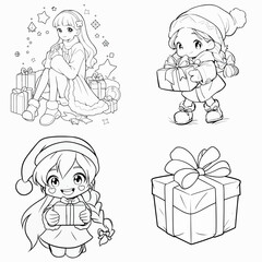 set of cartoon christmas presents girls anime