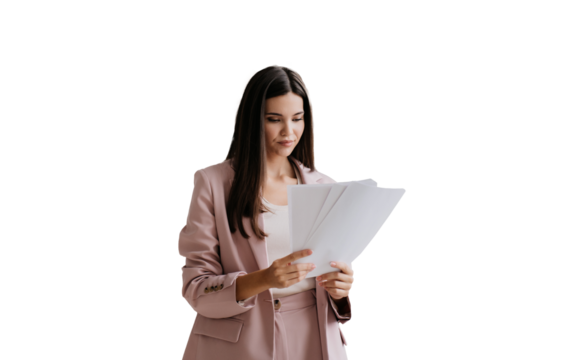 Brunette Asian businesswoman in suit holds sheet of papers looks at documents stands against transparent background. Successful lawyer explores issue at office. Financial bill.