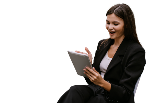 Professional young woman with long dark hair, smiling while looking at a tablet in her hands, dressed in a tailored black blazer and white top, against transparent background.