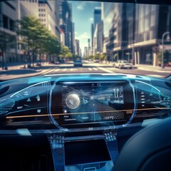 Roadscape Revolution: Autonomous Car Displays Futuristic Infographics from Driver's Seat