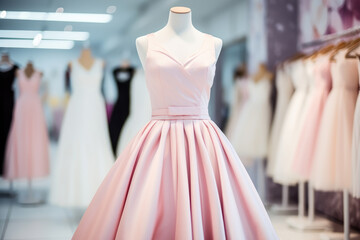 Pale pink long formal dress, elegant prom party, wedding dress on mannequin in luxury shop boutique. Prom gown, wedding, evening, bridesmaid dresses. Dress rental for various occasions and events - Powered by Adobe