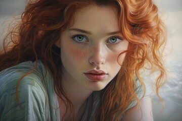 Beautiful young girl with red hair closeup