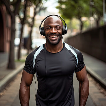 Mature, Athlete And Running In City With Headphones For Fitness, Workout Or Marathon Training Music. Black Man, Thinking Or Exercise Podcast In South Africa For Cardio Wellness, Health Or Sport Radio