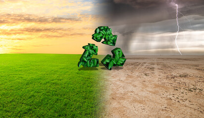 Plants and climate change with the concept of global warming. 3D recycling logo full with leaves.
