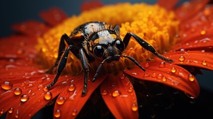  a close up of a spider on a flower with drops of water on it's petals and on its back legs, on a dark background of water droplets.