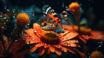  a close up of a butterfly on a flower with drops of water on the petals and on the back of the image is an orange flower with water droplets on the petals.