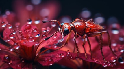  a close up of a red insect on a flower with water droplets on it's petals and in the background is a black background with red and white dots.
