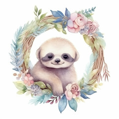 Beautifully watercolor painting of a baby sloth surrounded by a wreath of colorful flowers and leaves on white background, nursery room concept