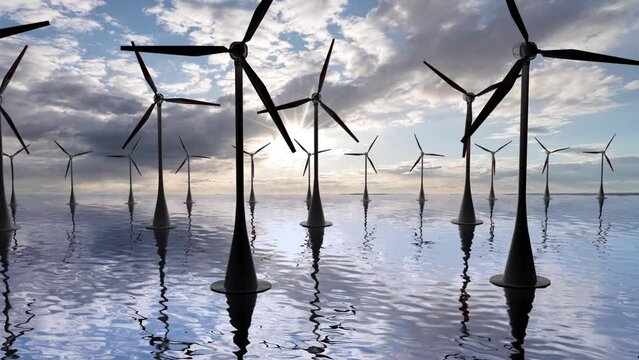 Camera pulls back through rotating blades of a wind turbine in an offshore wind farm in the sea against low sun. Green and renewable energy concept. Realistic high quality 3d animation. video loop