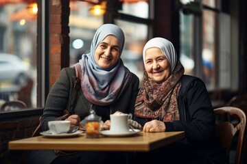 Lovely Muslim grandmothers are sitting in a cafe drinking tea and talking. Active pensioners. World Hijab Day. Generative AI - obrazy, fototapety, plakaty