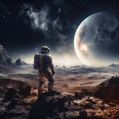 Spaceman or astronaut on the surface of moon