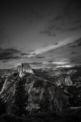 Captured from Glacier Point, this black and white photo showcases the iconic Half Dome in Yosemite National Park